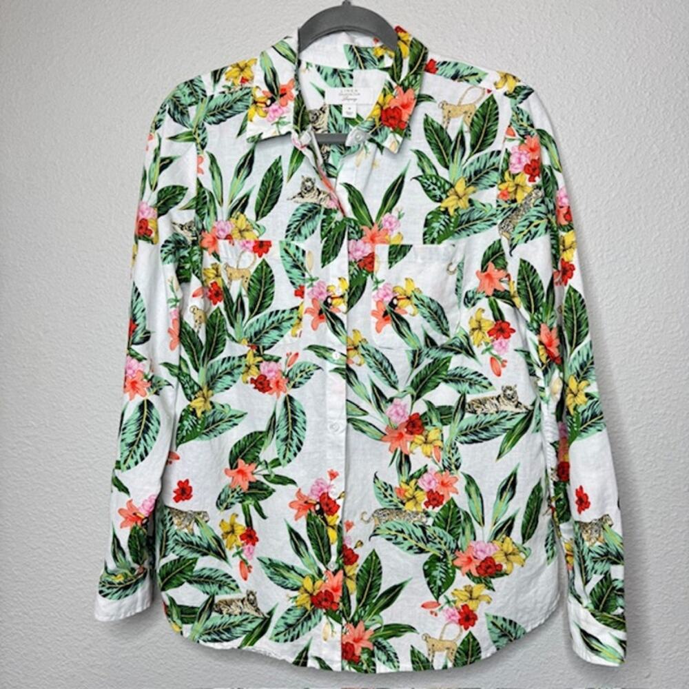 Charter Club Linen Shirt Tropical Jungle Floral Print Button Front Roll Tab M